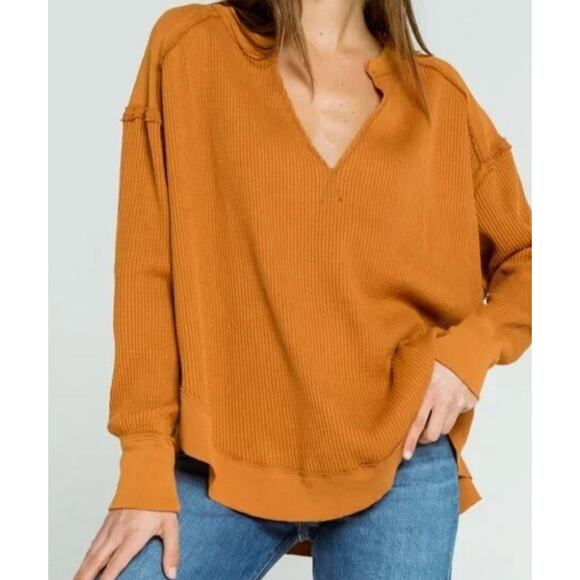 Free People Owen Thermal Waffle Top Women's Burnt Orange Size Small Boho - Picture 1 of 15